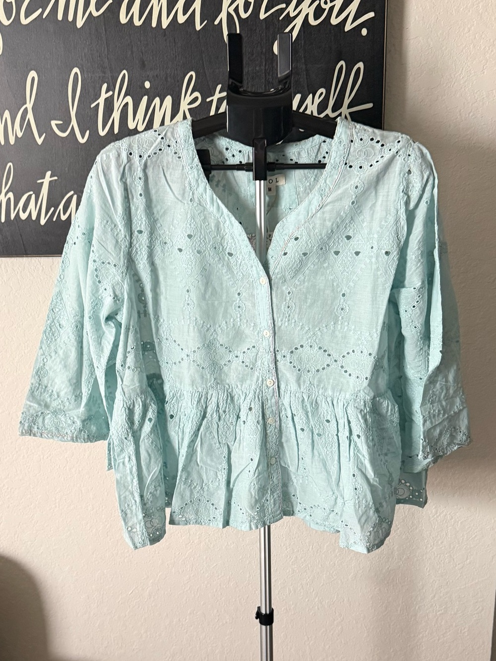 Light Blue Eyelet Peplum Blouse - Women